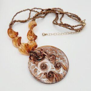 Copper Sparkly Swirl Art Glass Round Pendant Multi Layer Seed Beaded Necklace